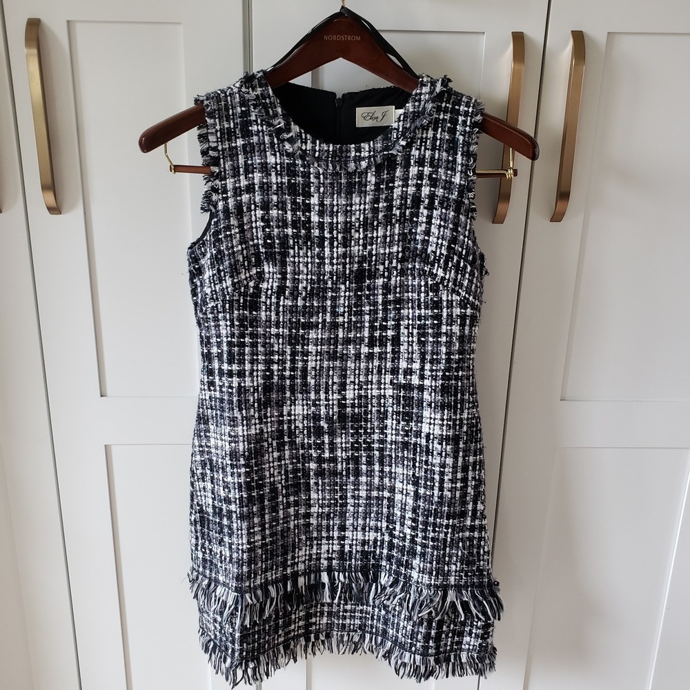 Eliza J Dress Womens 6 Black White Boucle Shift Fringe Hem Career